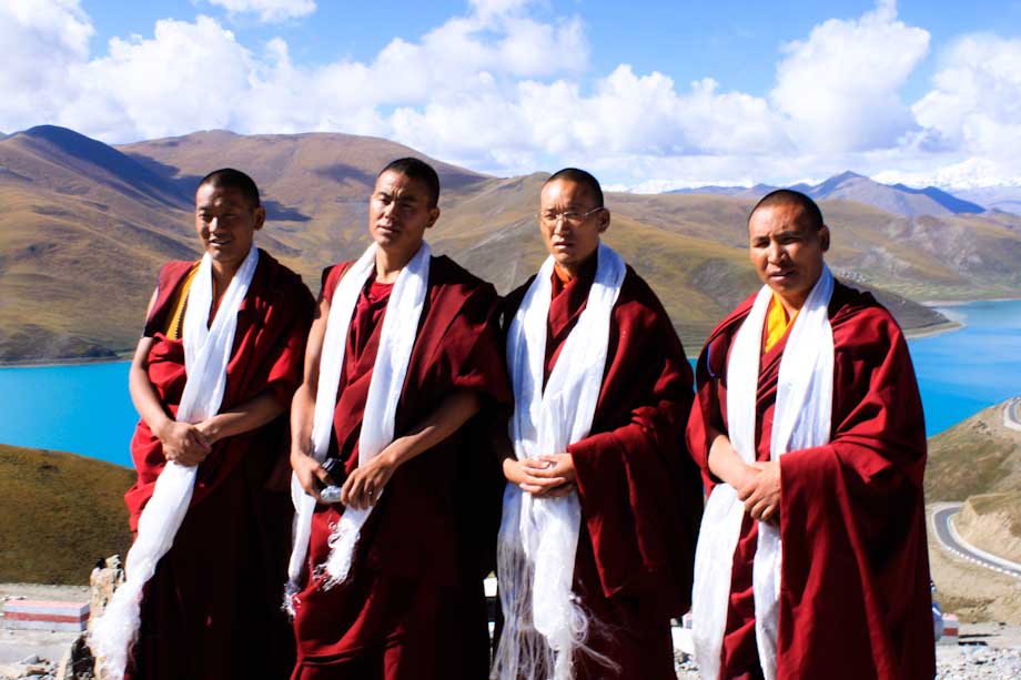 Monks at Yamdrok Lake